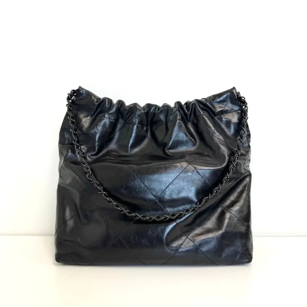 CHANEL 22 So Black Small Quilted Lambskin Tote Logo Shoulder Hobo Bag w Pouch